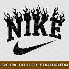 the nike logo with flames on it is shown in black, white and blue colors