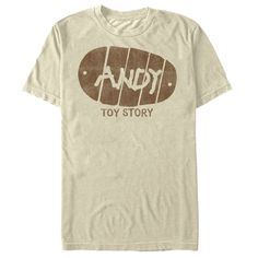 Woody and Buzz may be claimed by Andy, but the Toy Story Andy Handwriting Cream T-Shirt can be yours! A distressed brown print on the front of this unique Toy Story T-shirt features Buzz Lightyear's shoe print with Andy's name scrawled down the middle. Enjoy comfort and fashion at the same time with this unique Men's graphic T Shirt from Toy Story. Strut your stuff with this stylish new Men's Tee Shirt that is perfect for every occasion! Find the perfect fit for you! Check out size charts for more information. Made from the highest quality materials on first-class digital direct-to-garment printers. *This item is made to order please consider this when ordering multiple sizes.* Printed In the U.S.A with safe water-based inks. Easy care; machine wash cold inside out with similar colors, tum Toy Story Andy, Cream T Shirt, Woody And Buzz, Mens Toys, Unique Toys, Disney Men, Shoe Print, Slim Fit Shorts, Disney Shirts