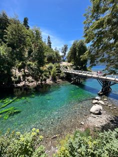 a bridge that is over some water near the shore and trees with people walking on it