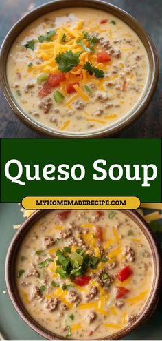 two bowls of queso soup with cheese on top and the words, myhommaderecipe com