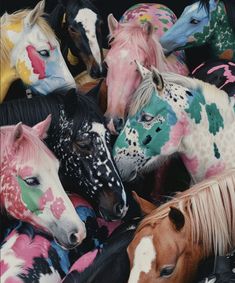 a group of painted horses standing next to each other