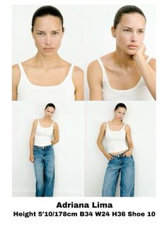 four photos of a woman in white tank top and jeans with her hand on her chin