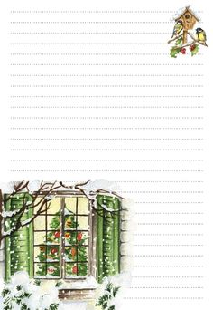 a christmas letter paper with an image of a window and tree in the snow on it