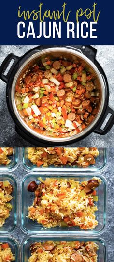 an image of instant pot cajun rice in four different pans with the title above it