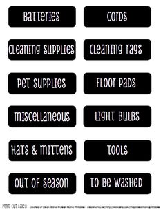 black and white labels with words describing the different types of items that are used in cleaning supplies