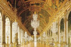 an ornate hall with chandeliers and paintings on the walls