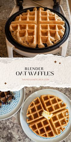 two plates with waffles on them and the words, blender oat waffles