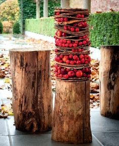 three wooden logs stacked on top of each other with strawberries in the middle and leaves around them