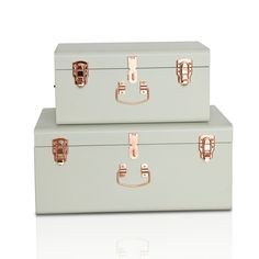 two gray suitcases with rose gold handles on white background