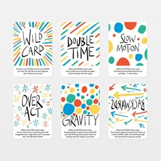 four different cards with the words wild car, double time, gravity and slow motion