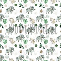 an elephant is standing in front of some plants and leaves on a white background with the word