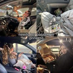 two women are sitting in the back seat of a car and one is eating pizza