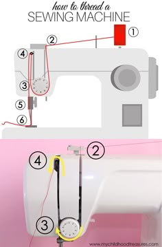 the instructions for sewing on a sewing machine and how to thread it with scissors or needle