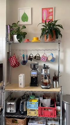 a kitchen area with various items on the shelves