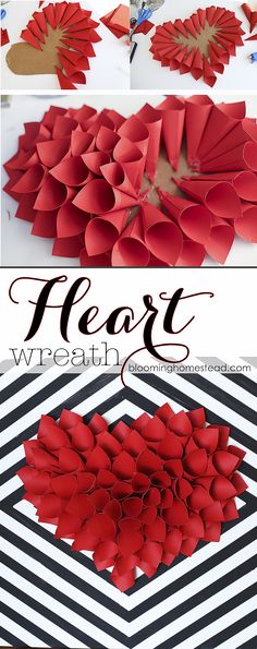 a heart made out of red paper sitting on top of a black and white background