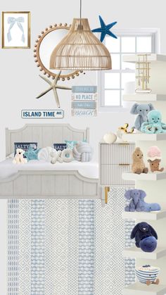 an image of a baby's room with blue and white decor