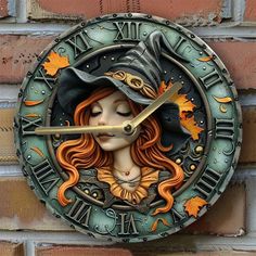 a clock on the side of a brick wall with a woman wearing a witches hat