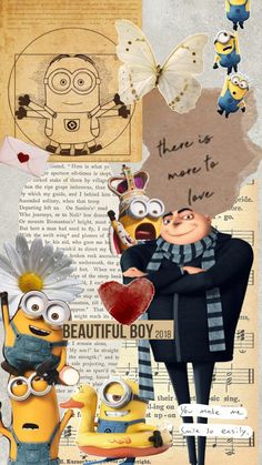 a collage of minion characters with the words, love and butterflies above them