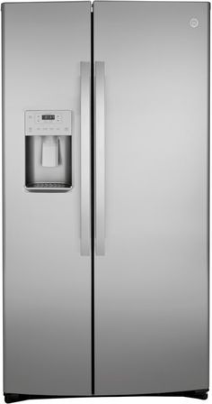 the side by side refrigerator is shown with water dispenser and ice maker