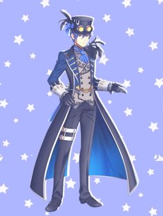 an anime character dressed in blue and white with stars on the wall behind him,