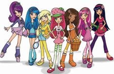 the cartoon girls are all dressed up in different outfits and hats, one is holding a purse