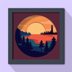 a painting with trees in the background and a sun setting behind it, on a purple wall