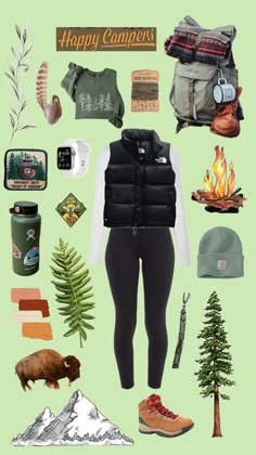 the contents of a woman's winter outfit are arranged on a light green background