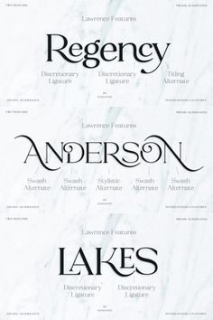 some type of font and numbers on a white marble background with the words, regncy, anderson, lake's