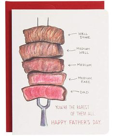 a card with a drawing of a stack of meat on top of a fork and the words happy father's day written below it