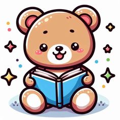 a teddy bear is reading a book while sitting down with stars around him and smiling