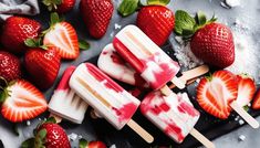 popsicles with strawberries and powdered sugar on a table next to other fruit