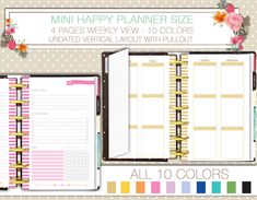 the mini happy planner size is shown in pink and gold, with flowers on it