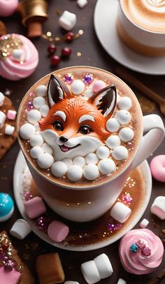 a cappuccino with marshmallows in the shape of a fox