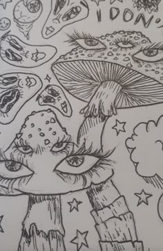 a drawing of a mushroom with stars and other things around it that are doodled