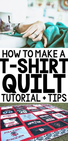 a woman using a sewing machine to make a t - shirt quilt with the words how to make a t - shirt quilt