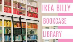 there is a bookcase with many books on it and the words ikea billy in pink