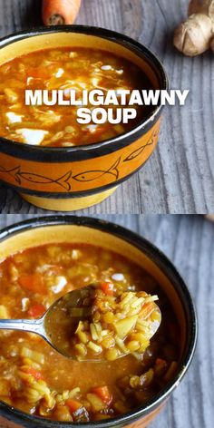 two bowls filled with soup on top of a wooden table