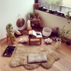 a living room filled with lots of furniture and plants on top of a hard wood floor