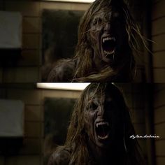 two images of a woman with long hair and fangs