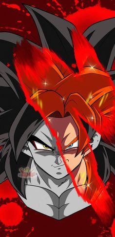 an anime character with red hair and black eyes, in front of a red background