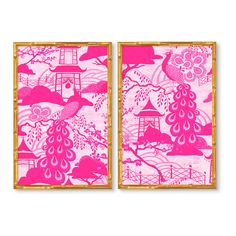 two pink and gold framed artwork pieces with birds on the tree, in front of a white background