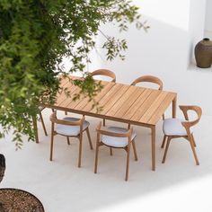 a wooden table and chairs sitting next to each other near a potted plant on the ground