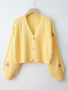 Yellow Casual  Long Sleeve Acrylic Floral Cardigan Embellished Slight Stretch Spring/Fall Women Knitwear Floral Cardigan Outfit, Yellow Cardigan Outfits, Yellow Clothes, Yellow Cardigan, Yellow Outfit, Cute Cardigans, Yellow Knit, Floral Cardigan, Button Front Cardigan