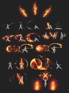 the silhouettes of various people are shown in different styles and colors, including fire