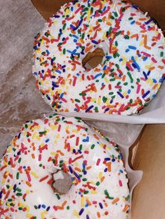 two donuts with white frosting and sprinkles