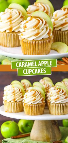 caramel apple cupcakes on a plate with apples in the background