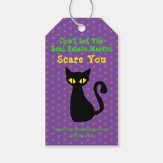 a black cat with yellow eyes is on a purple background and says, don't let