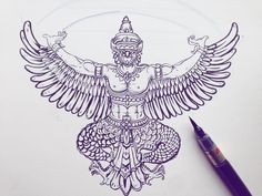 a drawing of an egyptian god with wings