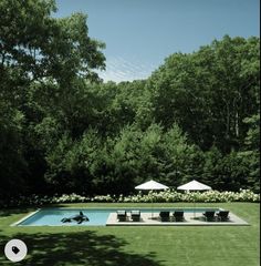 an empty swimming pool in the middle of a lush green yard with lawn chairs and umbrellas