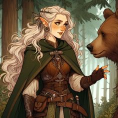 a woman with white hair standing next to a bear in the woods and holding her hand out